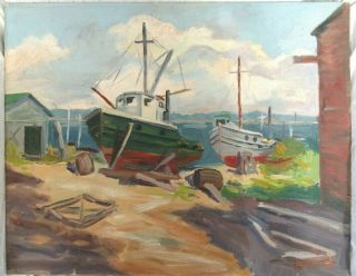 Big Vintage Oil Painting Folk Art Country Primitive Boat Beach Nautical Marina