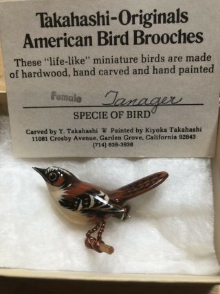 Vintage Takahashi Painted Wood Bird On Tree Branch Pin Tanager