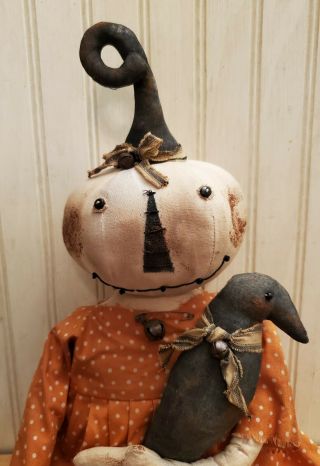 Primitive Grungy Grubby White Pumpkin Lady Halloween Doll & Her Crow 2