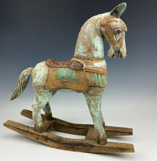 Antique Hand Carved Painted Wooden Folk Art Rustic Toy Wood Rocking Horse Nr Lzo