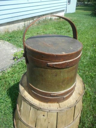 Antique Firkin In Green Paint.  Early Wooden Painted Sugar Bucket