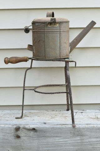 Antique Early Soldered Tin Coffee Tea Pot Primitive W/ Fireplace Trivet