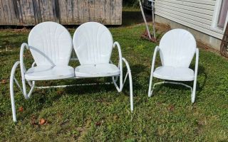 Vintage Metal Clamshell Porch Glider W/ Matching Chair