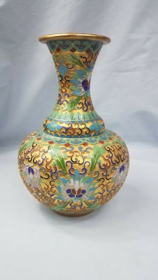 Vintage/antique Asian Chinese Champleve Cloisonne Enamel Lotus Flower Vase 8.  5 "