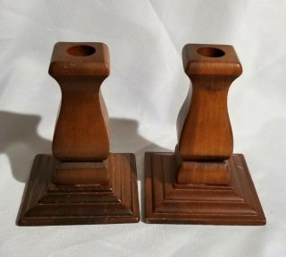 Set Of 2 Vintage Wood Mid Century Modern Square Candlestick Holders 5 " T