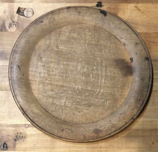 Antique Primitive Folk Art Handmade Wood Wooden Treen Plate Scratches Bends 7.  5”