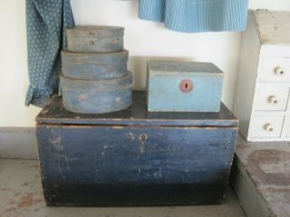 19th Century Primitive Blue Paint Wood Box With Lid Square Nails Aafa
