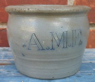Wonderful Rare Small Early American Ovoid Stoneware Jar,  Cobalt And Impressed