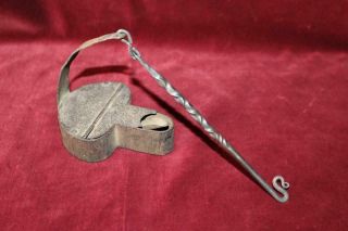 Stunning Early 19th Century Wrought Iron Betty Lamp W/reverse Twist Hanger