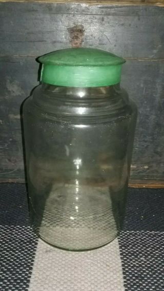 Early Antique Primitive Blown Glass Apothecary Jar W/ Old Green Tin Lid 9.  75 " T
