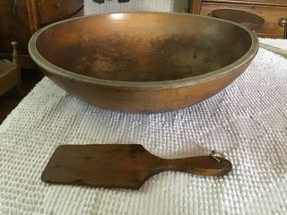 Large Antique Primitive Wood Dough Bowl And Paddle 17 Inch Diameter