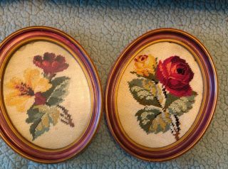 Vintage Cross - Stitched Floral Design In Oval Frames - One With Glass