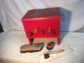 Vtg Red Tole Painted Folk Art Wood Shoe Shine Box Kit Primitive
