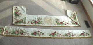 Pair Altar Frontals Vintage 30s/50s Hand Painted White Satin Ihs Roses W/fringe