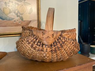 Antique Large Primitive Handmade Woven Splint Wood Egg Gathering Buttock Basket