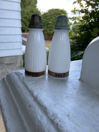 Vintage White Milk Glass Salt & Pepper Shaker Set Ribbed Black Letters