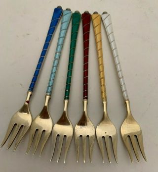 Vintage Set Of 6 Ela Denmark Sterling Silver And Guilloche Enamel Cocktail Forks
