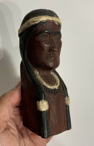 Old American Folk Art Wood Carving Bust Of An Indian