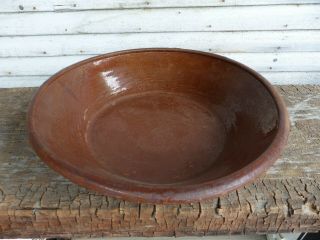 Antique 19th Century Redware Milk Pan Large Bowl Dish 16.  25 Inch Diameter Glazed