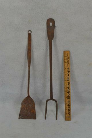 Antique Fireplace Cooking Spatula,  Fork Hand Forged Peel Shape 19th C Early