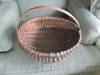 Old Vintage Antique Large Hand Made Woven Split Oak Gathering Basket With Handle