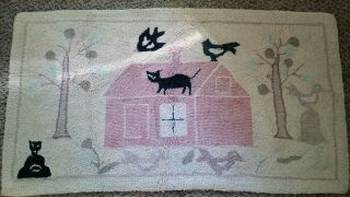 Old Vintage Antique Folk Art Hooked Rug Textile Folky Cats And Birds Aafa