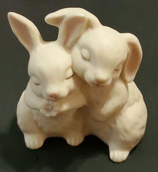 1990 Homco " He Loves Me " White Bunny Rabbits 4 " Porcelain Figurine