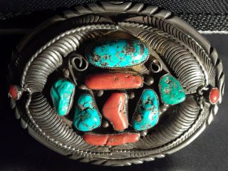 Vintage Sterling Silver Buckle With Coral And Turquoise