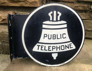 Vtg 1950s Bell System Public Telephone Flange Sign Double Sided Tin Dst 13” X11”