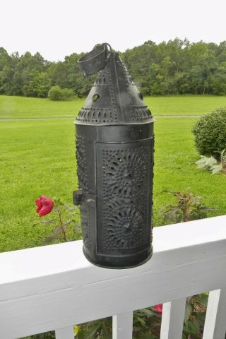 Authentic Antique 1800s Pierced Punched Tin Candle Lantern