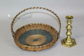 A Rare 19th C Two - Handled Feather Basket Added Blue Colored Splint Decoration