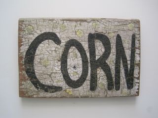 Old Vintage Primitive White Black Yellow Paint Thick Wood Corn Sign