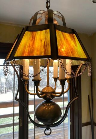 Vintage Tiffany Style Antique Brass Stained Glass Chandelier Ceiling 6 Light