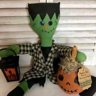 Primitive Halloween Frankenstein Doll With Pumpkin And Lantern Monster Mash
