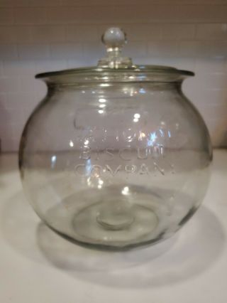Vtg 20th Century Embossed Glass National Biscuit Company Jar W/ Lid,  Nabisco