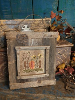Early Inspired Primitive Handstitched Sampler Pumpkin Sunflowers Willow Tree