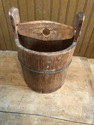 Antique Primitive Wood Water Bucket W/wood Bracket For Well Farmhouse Country