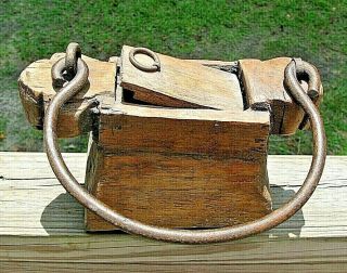 Antique Primitive Small Hand Carved Wooden Tinder Box W/forged Iron Handle