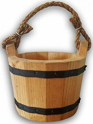 Wooden Bucket 8 " X 10 " Water Wishing Well Pail With Rope Twine Handle Solid Wood
