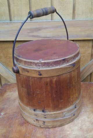 Antique Painted Wood Firkin With Cover & Wood Handle 9 " X 10 " Red Paint Lid