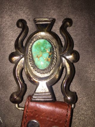 Vintage Wbh Navajo Belt Buckle Silver And Turquoise With 37” Leather Belt