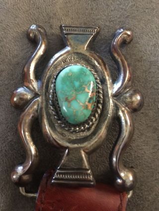 Vintage WBH Navajo Belt Buckle Silver And Turquoise With 37” Leather Belt 3