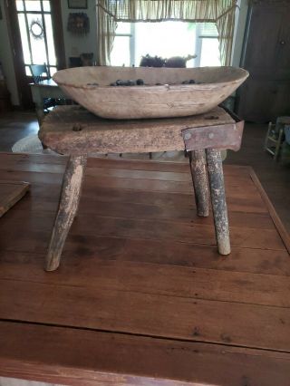 Aafa Early Old Antique Primitive Wood Milking Stool Bench 4 - Leg Chair