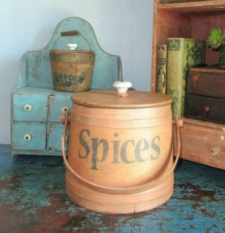 7 3/8 " Old Firkin/sugar Bucket/cloves/wood Mustard Paint - Prim - Porcelain Knob