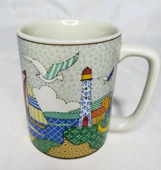 Vintage Otagiri Japan Lighthouse Sailboat Coffee Tea Mug Quilt Stitched Outline