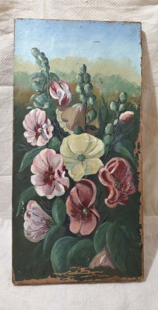 Antique Primitive Flowers Floral Oil Painting On Canvas Purple & White 20x10 "