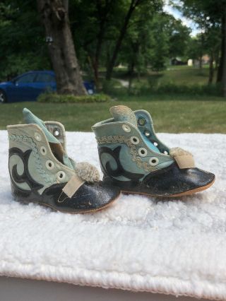 Antique Fancy Blue & Black Leather Victorian Lace Up Baby Child Boots Shoes