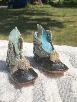 Antique Fancy Blue & Black Leather Victorian Lace Up Baby Child Boots Shoes 2