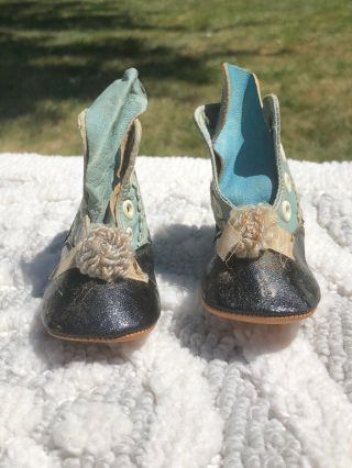 Antique Fancy Blue & Black Leather Victorian Lace Up Baby Child Boots Shoes 3