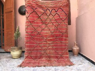 Moroccan Vintage Handmade Zanafi Hanbal Kilim Authentic Faded Red Rug 4 X 7